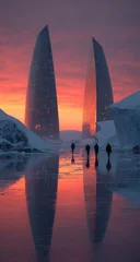 Poster Reflectie Sunrise over icy landscape, futuristic twin towers reflected  © Hutan