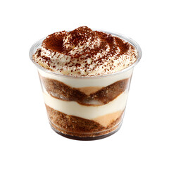 tiramisu dessert layers cream, cocoa, and sponge in a clear container on a transparent background