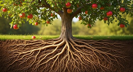 Apple tree with ripe red fruit and exposed root system in a grassy field