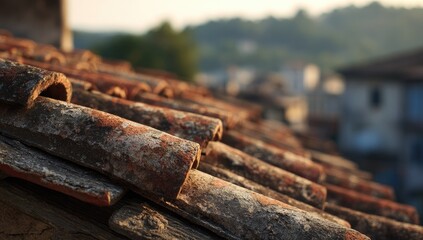 Rustic terracotta roof tiles, close-up