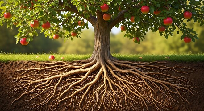Apple tree with ripe red fruit and exposed root system in a grassy field