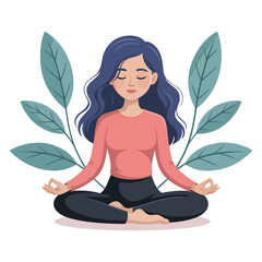 A calm young woman with closed eyes and blue hair, meditating in the lotus yoga pose, surrounded by lush green leaves vector illustration