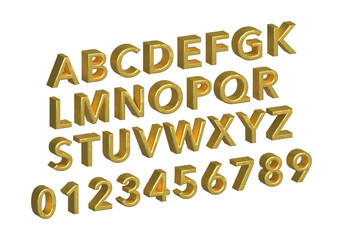 A realistic 3D gold alphabet and number set. A complete collection of shiny, metallic capital letters and numbers for creating custom titles. An elegant font pack isolated on a transparent background.