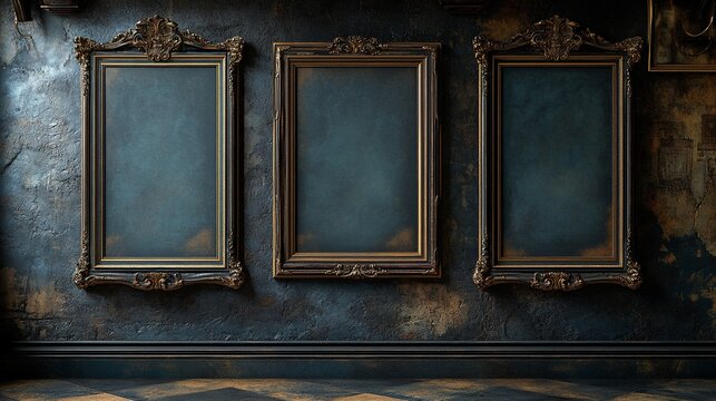 Three ornate empty picture frames hang on a weathered wall with faded colors, suggesting a historic gallery