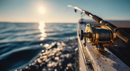 Fototapeta premium Fishing rod reel on a boat at sunrise. Ocean waves and a bright sun