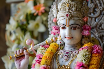 Closeup of a serene Hindu deity, Krishna, adorned with vibrant flower garlands and intricate jewelry.