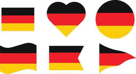 Germany flag. Set of German flags isolated. Round, heart, map, waving, square, circle, etc.  Germany flag set in square, circle, waving flag and heart shape icons. German flags collection 