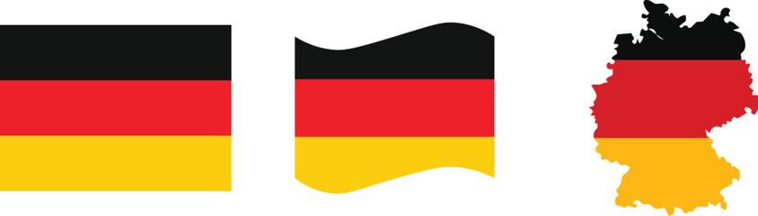 Germany flag. Set of German flags isolated. Round, heart, map, waving, square, circle, etc.  Germany flag set in square, circle, waving flag and heart shape icons. German flags collection 