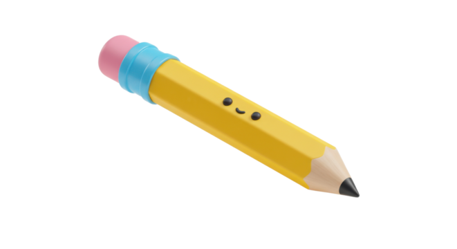 Happy yellow pencil with smiling face illustration isolated PNG with Transparent Background