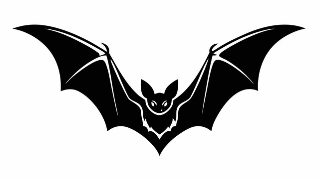 Illustration of a black bat with wings spread wide and prominent ears in a stylized silhouette form |  editable eps vectors