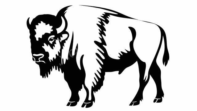 Illustration of a bison standing with its head turned to the left in black and white color scheme |  editable eps vectors silhouette