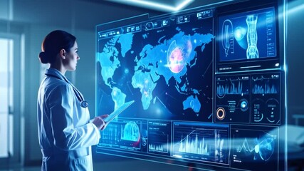 Medical Professional Interacting with Futuristic Healthcare Technology Displaying Global Data - Powered by Adobe