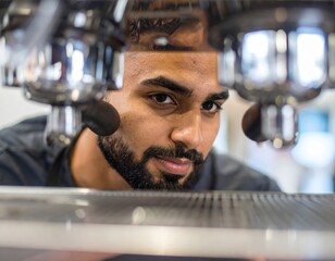 Man Fixing Coffee Machine Close Up