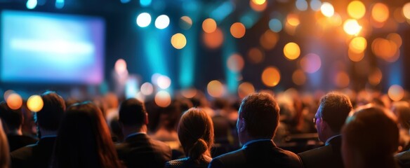 The audience engaged in a vibrant conference setting with dynamic lighting.