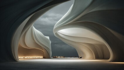 Fototapeta premium Abstract, ethereal interior space with flowing, sculpted walls. A dramatic, cloudy sky is visible through the cavernous openings