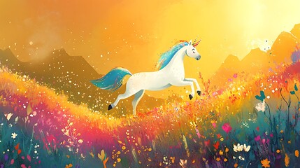 White unicorn running through colorful wildflowers