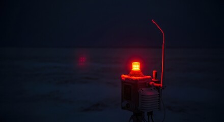 Photo of a solitary red warning light illuminates the dark, desolate landscape at night, possibly a weather station or navigational beacon in a remote, cold environment