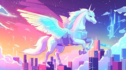Winged horse above cityscape