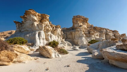 Fototapeta premium Sunny landscape of sculpted, light-beige rock formations