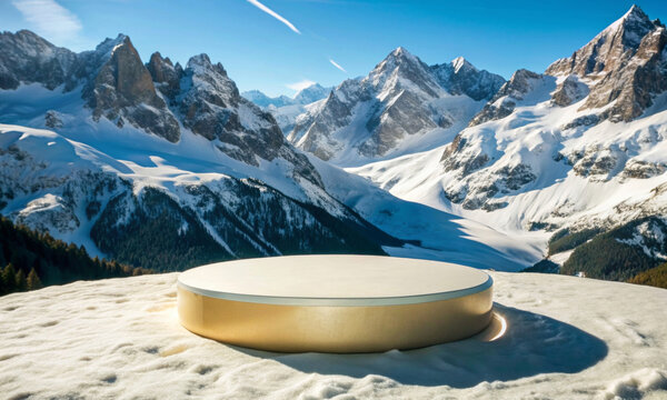 An empty minimalist podium in front of snow-capped peaks in the morning light