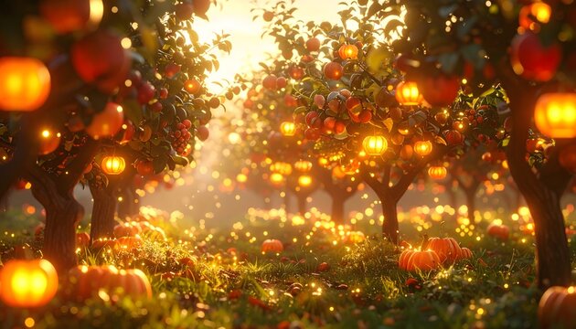 Magical orchard with pumpkins and lanterns illuminating autumn sunset