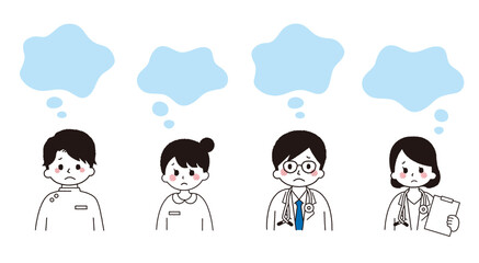 吹き出しと悩む医者と看護師のベクターイラスト素材。医療従事者のネガティブな表情。