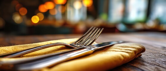 The elegant set of cutlery on a warm-toned dining table.
