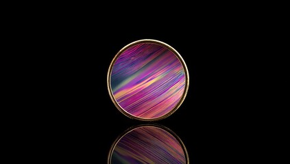 Circular, gold-framed, vibrant abstract design on a black background.  Colorful, swirling patterns inside the circle reflect on the surface