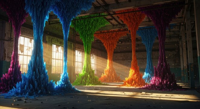 Photo of an abstract artistic installation with colorful, flowing liquid sculptures in a large industrial warehouse, with sunlight streaming through the windows, creating a vibrant and surreal visual. - Powered by Adobe