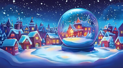 Winter snow globe village illustration