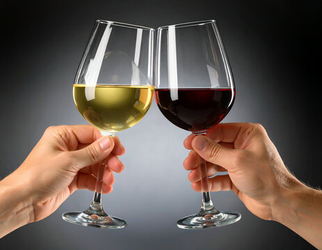 Un brindis con dos copas de vino en la mano, una de vino blanco y otra de vino tinto a contraluz