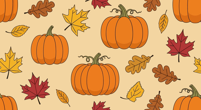 Seamless autumn pattern with pumpkins and diverse fall leaves on a light beige background, seasonal design.