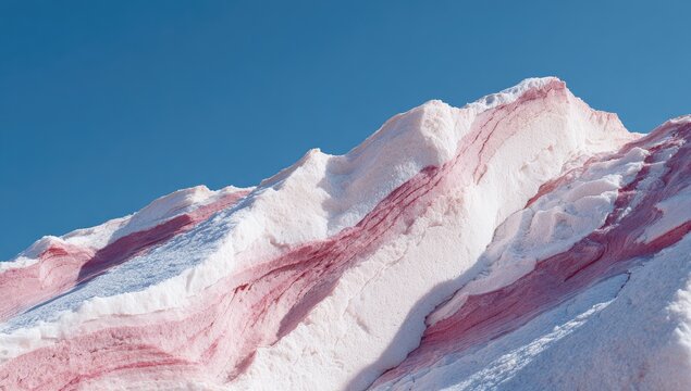 A close-up view of a snow-covered mountain range, with streaks of pale pink coloring