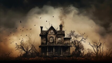 Eerie haunted house video concept with a wide-angle shot. Dark, moody atmosphere with leafless trees and crows against a stormy sky. Live desktop wallpaper.