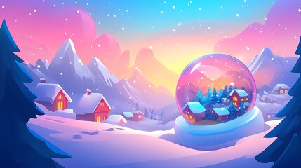 Winter village snow globe illustration