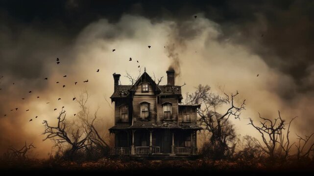 Eerie haunted house video concept with a wide-angle shot. Dark, moody atmosphere with leafless trees and crows against a stormy sky. Live desktop wallpaper.