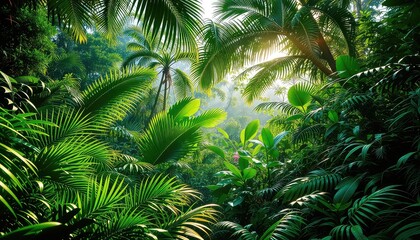 Lush, verdant jungle vegetation with palm trees reaches for the sunlight in a dense and thriving tropical environment