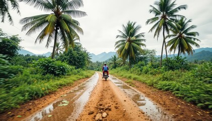 Riding a motorcycle on a wet, tropical dirt road through lush foliage towards distant mountains under a cloudy sky