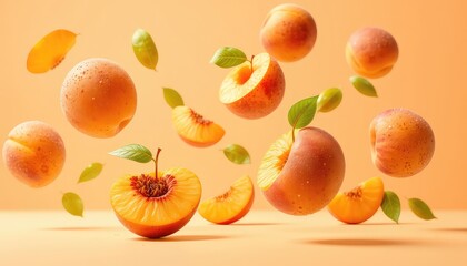 Peaches in a playful dance, floating mid-air with fresh green leaves; a vibrant and appetizing display of summer fruit.