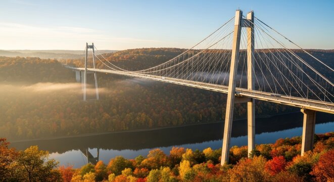 Photo of majestic suspension bridge gracefully spans a misty valley during a vibrant autumn morning, with colorful fall foliage blanketing the surrounding hills and reflecting in the river below