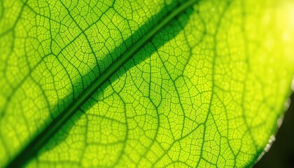 Sunlight shines through a vibrant green leaf, illuminating its intricate patterns and textures in extreme close up