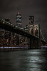 Fototapeta premium Illuminated Brooklyn Bridge and Manhattan Skyline with One World Trade Center at Night