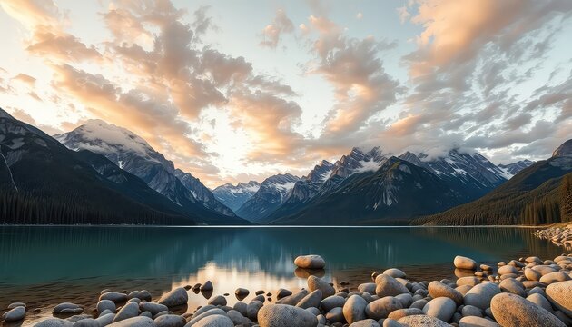 Serene lake at sunset surrounded by mountains and pine forests creates a peaceful and reflective landscape scene with rocky shoreline - Powered by Adobe