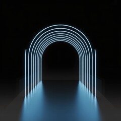 Obraz premium Futuristic blue neon archway tunnel with reflections