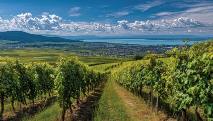 Naklejka premium Vineyard rows descend to a lake vista, with rolling hills and fluffy clouds