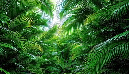 Lush, vivid green palm fronds create a dense canopy, with a glimpse of bright sky visible through the leaves