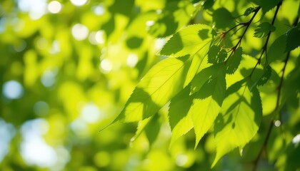 Obraz premium Fresh green leaves of a tree shining in the sunlight create a beautiful and peaceful atmosphere, perfect for the coming spring season