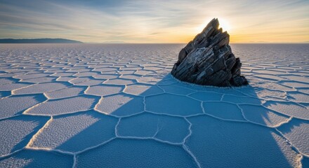 Photo of a striking rock formation stands prominently on a vast, hexagonalpatterned salt flat under a dramatic sunrise sky, casting long shadows across the unique natural landscape