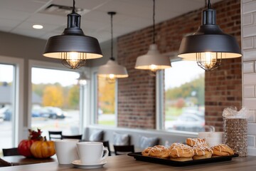Fresh pastries coffee cups sit counter, bright pendant lights glow in cafe interior, autumn pumpkins decorate.