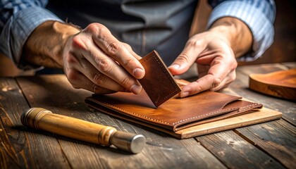 Craftsman Working With Brown Leather On Wooden Table